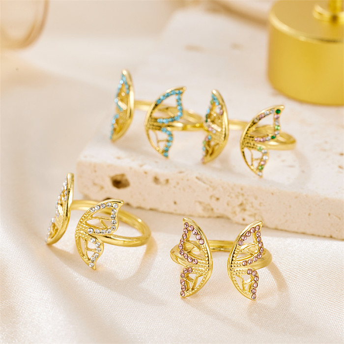 Anillos abiertos de diamantes de imitación con incrustaciones de acero inoxidable de mariposa dulce