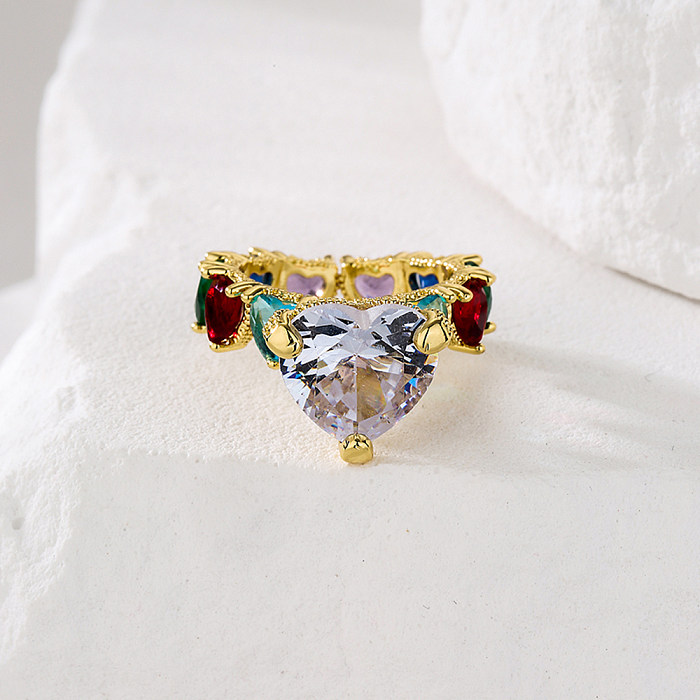 Mode Herzform Blume Kupfer offener Ring vergoldet Zirkon Kupfer Ringe
