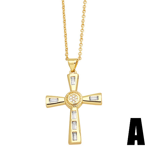INS Style Cross Copper Plating Inlay Zircon 18K Gold Plated Pendant Necklace