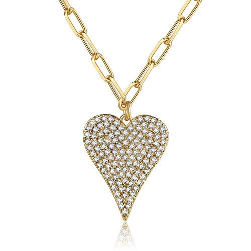 Collier en forme de cœur en Zircon incrusté, Version coréenne, pendentif en forme de cœur, plaqué cuivre, bijoux en or véritable 18 carats