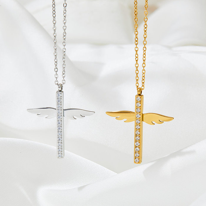 Schlichter Stil, Kreuz-Ohrring-Halskette aus Edelstahl mit Zirkon-Inlay