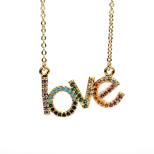 Collier avec lettres d'amour à la mode, pendentif en cuivre incrusté de Zircon coloré, chaîne de clavicule