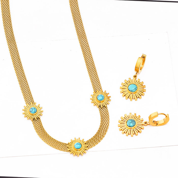 Klassischer Stil mit Blumen-Titanstahl-Beschichtung, türkisfarbenen Armbändern, Ohrringen und Halsketten