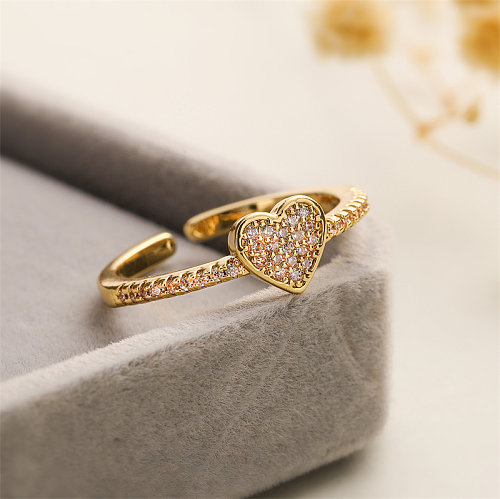Retro Oval Waves Heart Shape Copper Plating Inlay Zircon Gold Plated Open Rings
