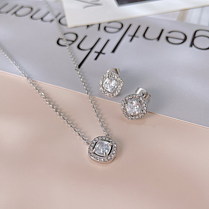 IG Style Simple Style Square Stainless Steel Inlay Zircon Earrings Necklace