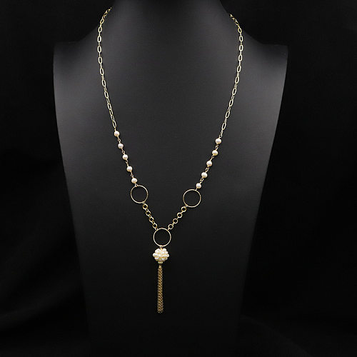 Elegant Geometric Copper Plating Inlay Pearl 18K Gold Plated Sweater Chain