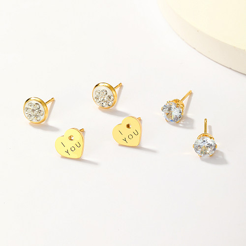 3 pares de brincos de orelha banhados a ouro 18K com XNUMX pares de estilo simples e doce redondo em formato de coração