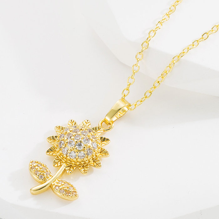 Mode Geometrische Sonnenblume Kupfer Anhänger Halskette Zirkon Kupfer Halsketten