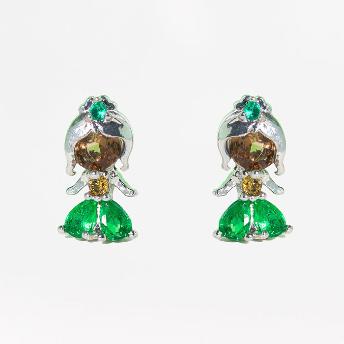 1 ensemble de clous d'oreilles princesse en laiton plaqué or 18 carats, personnage de dessin animé mignon, incrustation asymétrique en Zircon