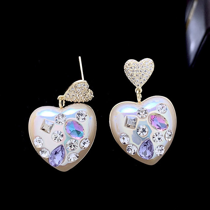 1 Pair Lady Heart Shape Inlay Imitation Pearl Copper Rhinestones Zircon Drop Earrings