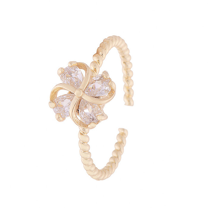 French Style Simple Style Flower Copper Plating Inlay Zircon 14K Gold Plated Open Rings