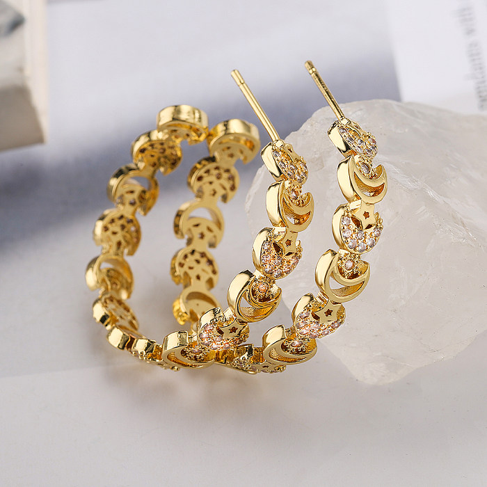 Aogu Affordable Luxury Fashion C- Shaped Earrings Female Niche Personality Copper Plating 18K Gold Zircon Star Moon Geometric Earrings