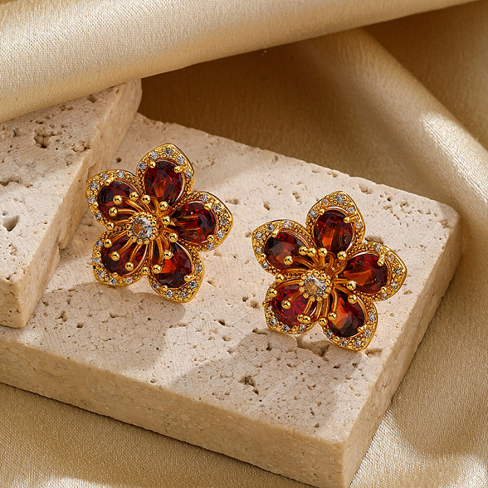1 par de brincos estilo fada estilo japonês lolita flor folheada com zircônia de cobre 14K brincos banhados a ouro