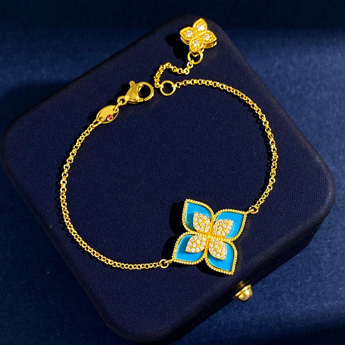 Retro Flower Copper Plating Inlay Artificial Gemstones Turquoise Shell 18K Gold Plated Bracelets