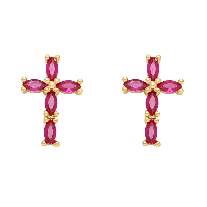 1 Paar Retro-Ohrstecker im schlichten Kreuz-Kupfer-Inlay-Stil mit Zirkon-18-Karat-Vergoldung