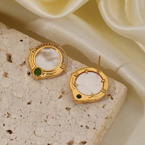 1 Pair Simple Style Roman Style British Style Round Plating Inlay Copper Resin Shell Zircon 18K Gold Plated Ear Studs