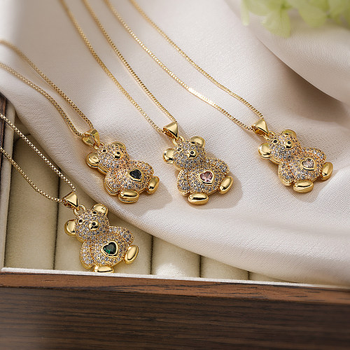 Cute Simple Style Commute Bear Copper 18K Gold Plated Zircon Pendant Necklace In Bulk