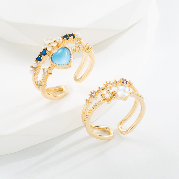 Eleganter offener Ring in Herzform, Blume, Kupfer, Emaille, künstliche Perlen, Zirkon, 1 Stück