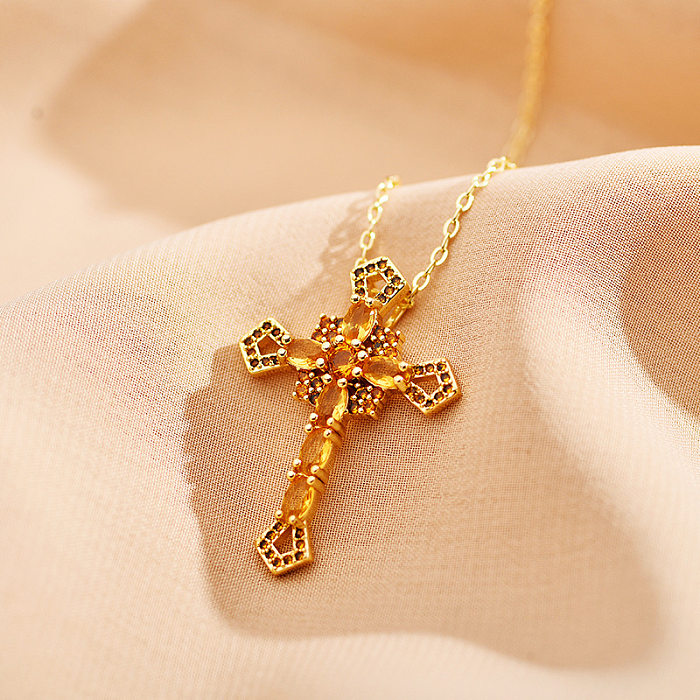 Casual Simple Style Cross Copper Plating Inlay Zircon Gold Plated Pendant Necklace