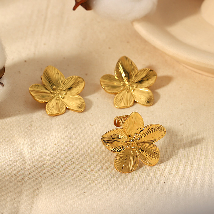 Retro-Blumen-Edelstahlbeschichtung, 18 Karat vergoldete Ringe, Ohrringe