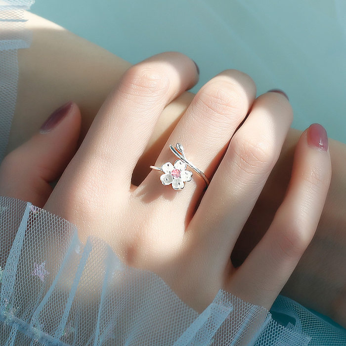 Anéis abertos de diamante artificial com embutimento de cobre com flor doce de férias glam