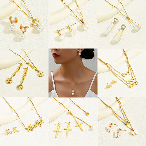 Élégant doux style classique croix coeur forme papillon en acier inoxydable plastique cuivre placage 18K plaqué or boucles d'oreilles collier