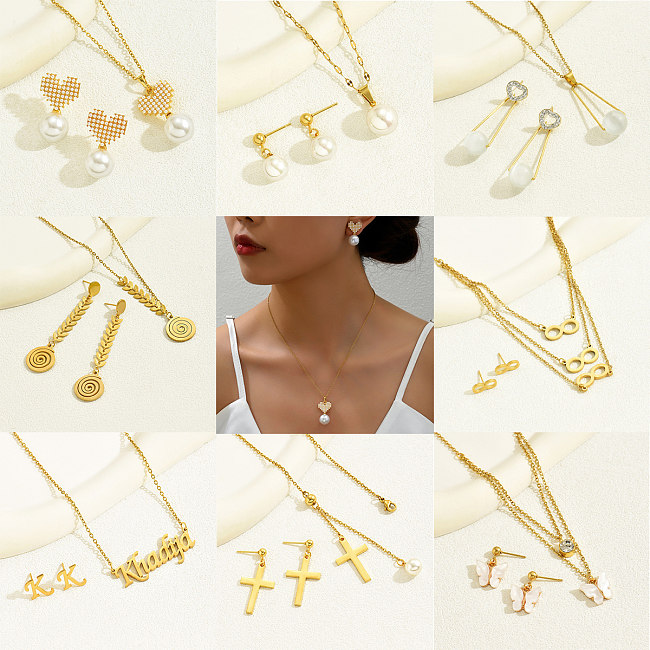 Elegant Sweet Classic Style Cross Heart Shape Butterfly Stainless Steel Plastic Copper Plating 18K Gold Plated Earrings Necklace