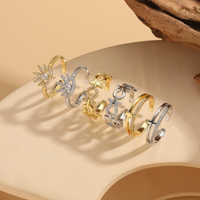Elegant Solid Color Copper Plating Inlay Zircon 14K Gold Plated Open Rings