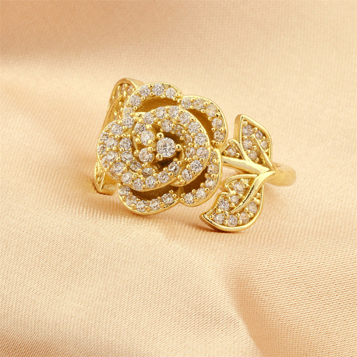 Simple Style Rose Flower Copper Plating Inlay Zircon 18K Gold Plated Open Rings