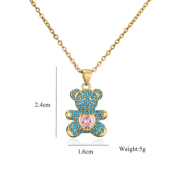 Fashion Copper Micro-inlaid Color Zirconium Turquoise Heart Bear Pendant Necklace