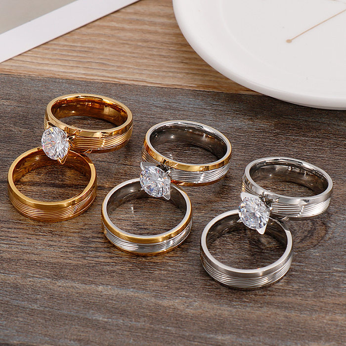 European And American New Exaggerated Style Stainless Steel Gold-Plated Zircon Four-Claw Couple Rings Jewelry Stripes Couple Rings Wholesale