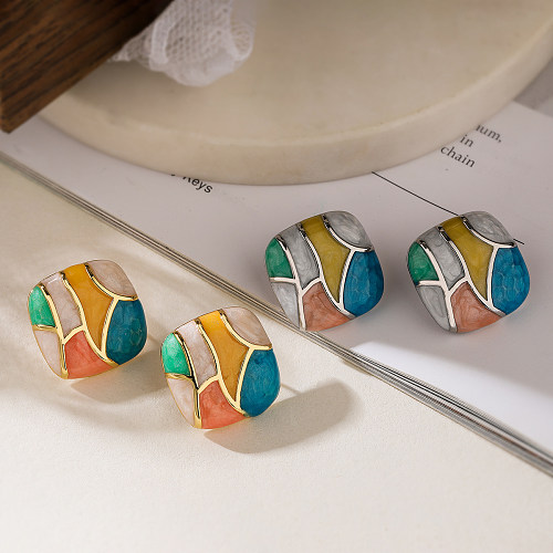 1 paire de clous d'oreilles en cuivre plaqué or 18 carats, Style Simple, bloc de couleur, placage d'émail