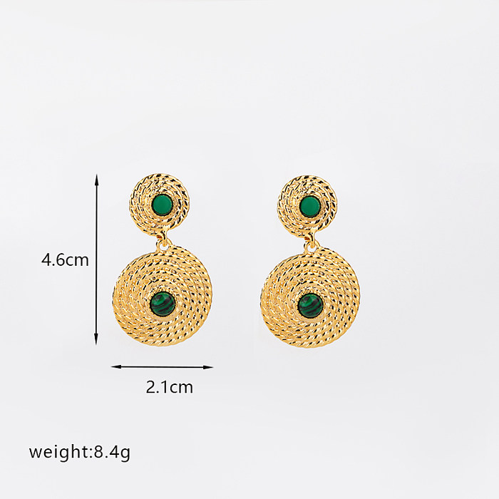 1 paire de boucles d'oreilles pendantes, Style Vintage décontracté, incrustation ronde en cuivre, cristal de Malachite, plaqué or 18 carats
