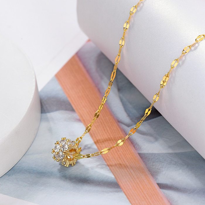 Damen-Halskette mit Anhänger, Tierblume, künstliche Perle, Titanstahl, Kupferbeschichtung, Inlay, Zirkon