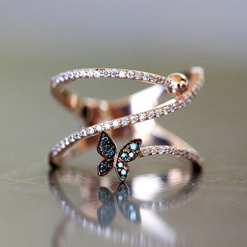 New Creative Blue Butterfly Shape Micro-set Zircon Fashion Ladies Copper Ring