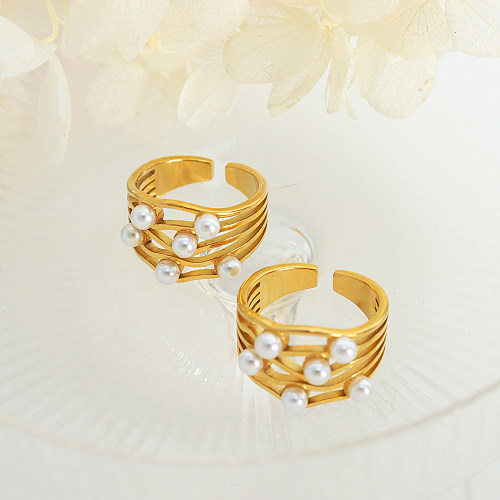 Eleganter, süßer, geometrischer Wellenring aus Titanstahl mit Wasserwellen-Beschichtung, Inlay, künstlichen Perlen, 18 Karat vergoldet, offener Ring