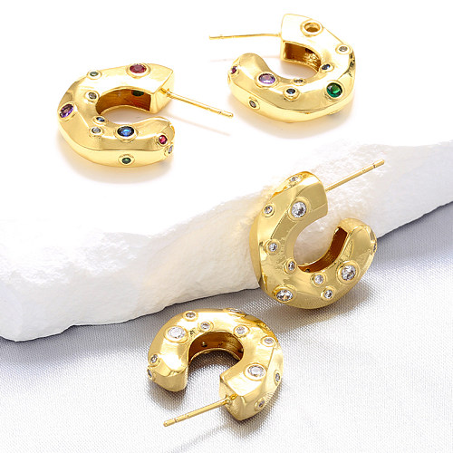 1 Pair Casual Elegant Simple Style C Shape Plating Inlay Brass Zircon 18K Gold Plated Ear Studs