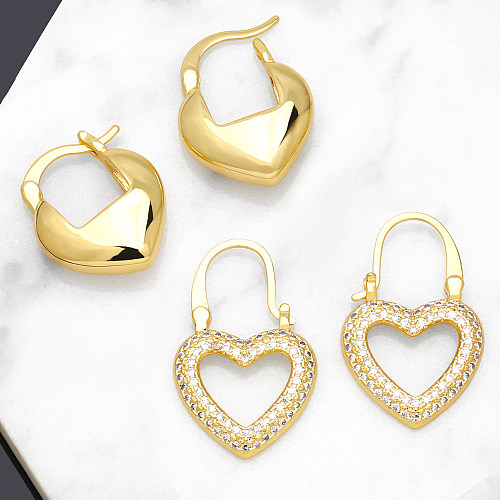 1 Paar IG-Stil Retro-Mode-Ohrringe in Herzform mit Inlay-Kupfer-Zirkon-Vergoldung, 18 Karat vergoldet
