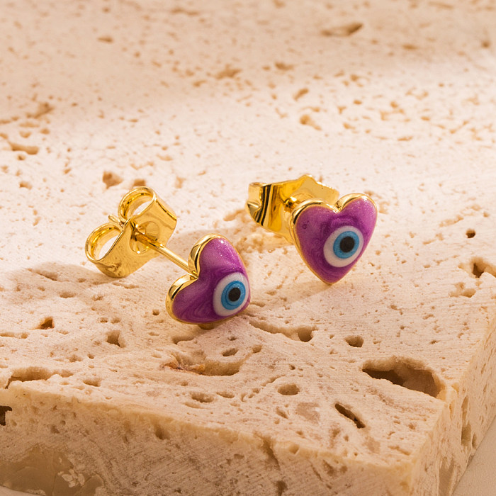 1 Pair Fashion Classic Style Devil'S Eye Heart Shape Copper Enamel Ear Studs