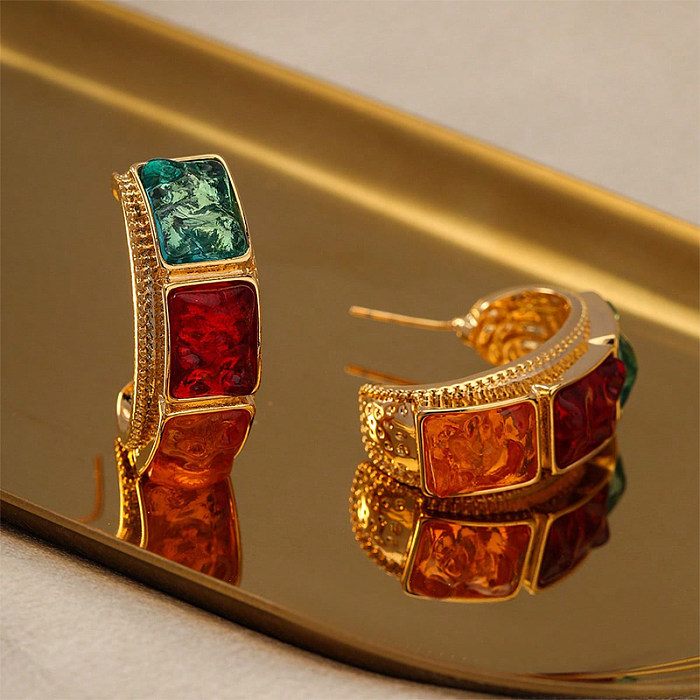 1 Pair Glam Vintage Style C Shape Rectangle Inlay Copper Crystal Ear Studs
