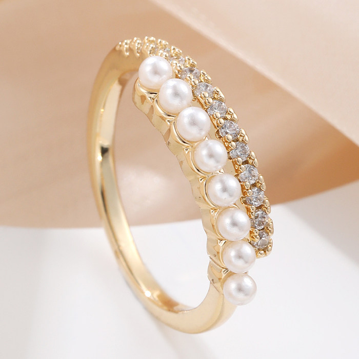 Elegant Lady Geometric Copper Inlay Artificial Pearls Zircon Open Rings
