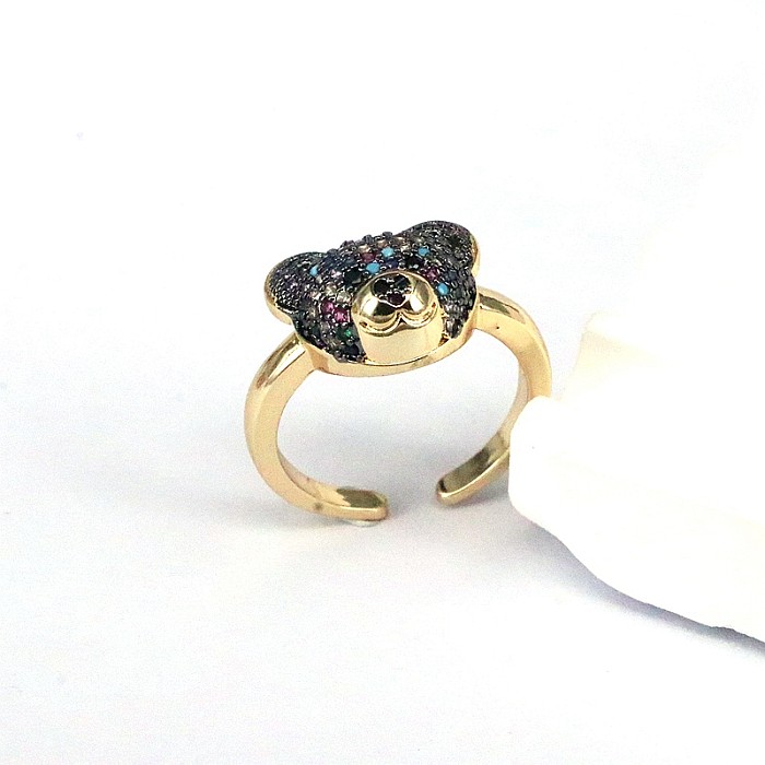 IG Style Cute Bear Copper Plating Inlay Zircon Gold Plated Open Rings