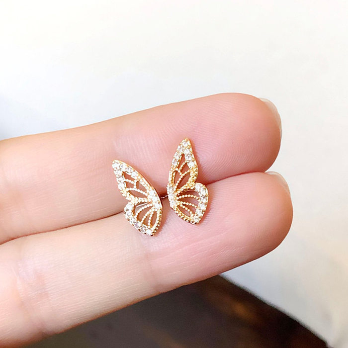 Simple Style Butterfly Copper Inlay Zircon Ear Studs 1 Pair