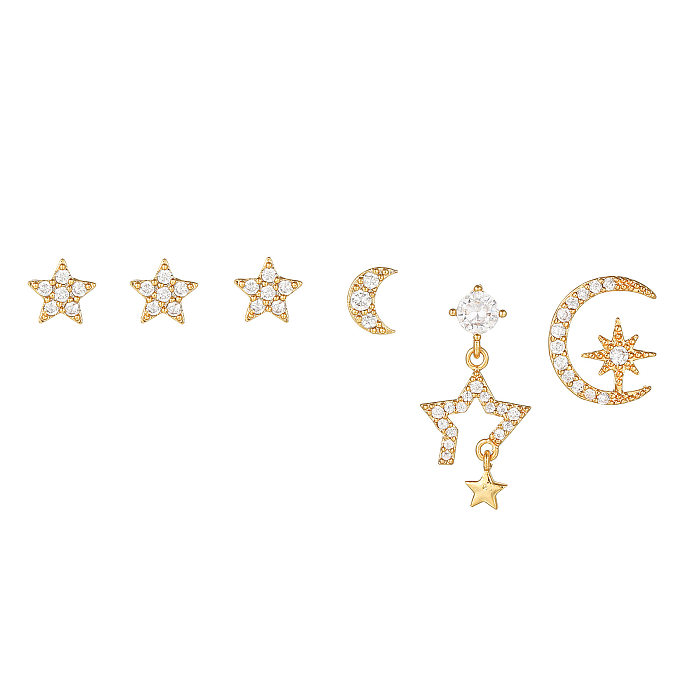 6 Stück modische Stern-Mond-Kupfer-Zirkon-Ohrringe