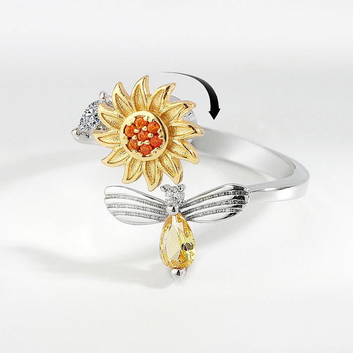 5 piezas de anillos de cobre de abeja pequeña con flores de zirconia giratorias ajustables