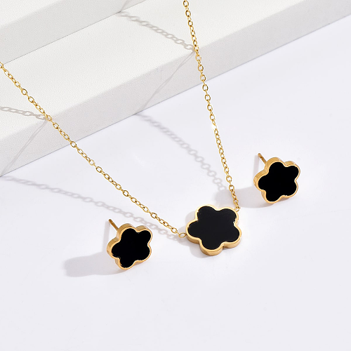3 peças moda flor incrustação de aço inoxidável concha acrílica banhada a ouro 14K colar de brincos femininos para o dia dos namorados