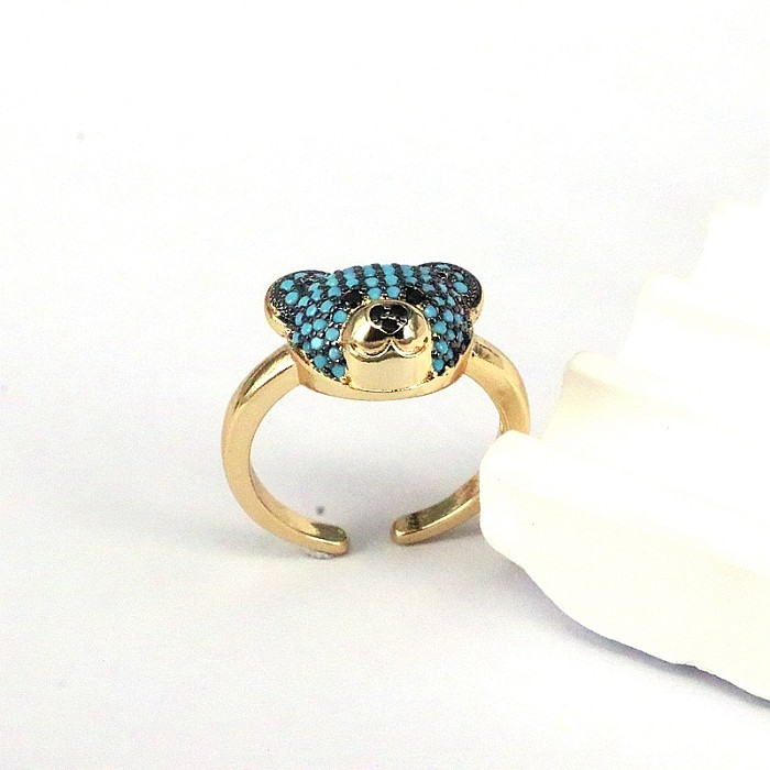 Offene Ringe im IG-Stil mit süßem Bären-Kupfer-Inlay, Zirkon, vergoldet
