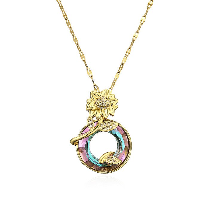 Commute Sunflower Stainless Steel Copper Plating Inlay Zircon 18K Gold Plated Pendant Necklace