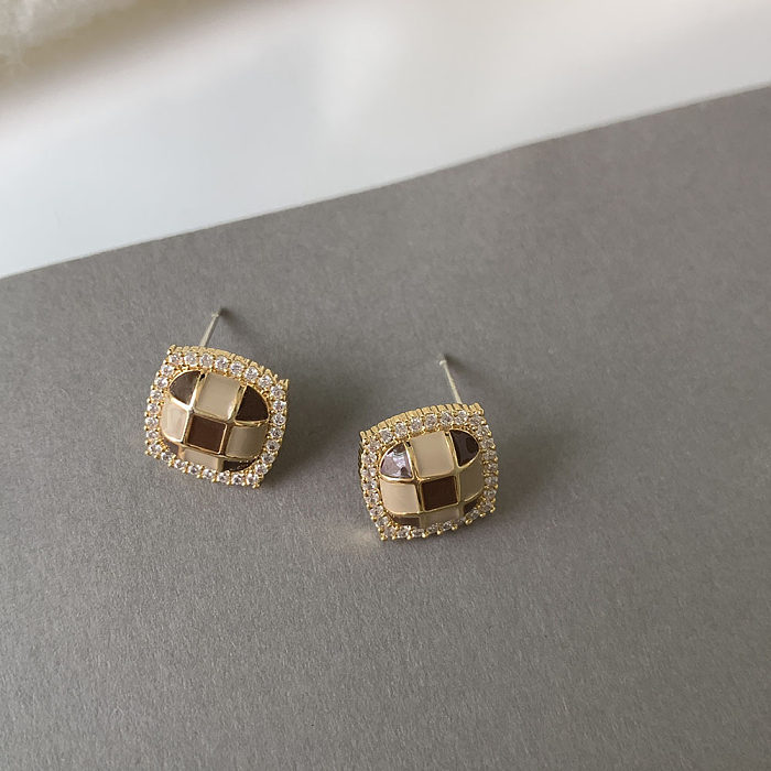 1 Pair IG Style Retro Square Enamel Plating Inlay Copper Zircon 14K Gold Plated Ear Studs