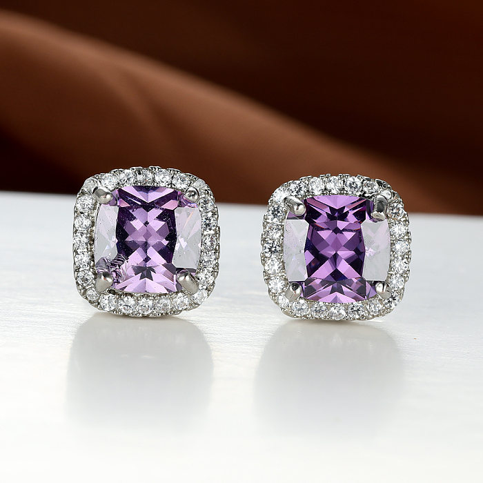 Retro Square Copper Inlay Zircon Ear Studs 1 Pair
